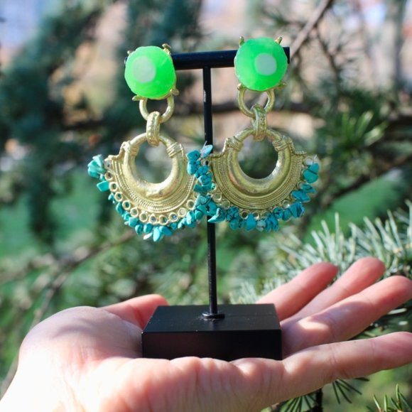ZARA Turquoise Gold Resin Boho Statement Earrings - Picture 6 of 13